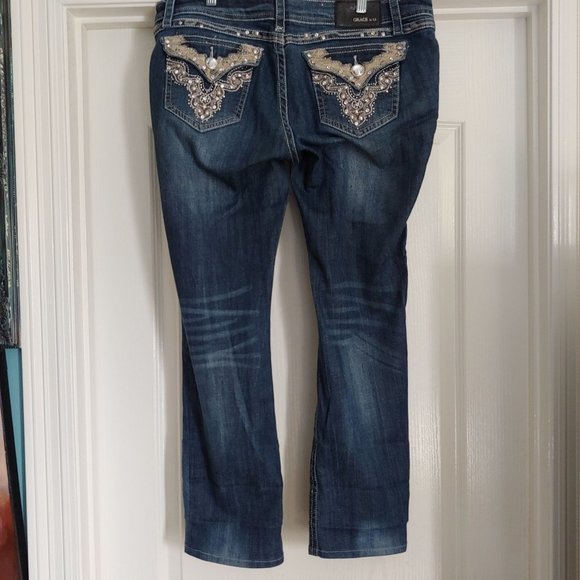 Grace In LA Midrise Straight Leg Lace Blingy Crystals Pocket Flaps 31 - Picture 8 of 16